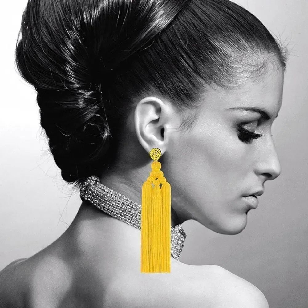 Long Yellow Hand Woven Tassel Knot Fringe Boho Dangling Drop Post Back Earrings - Picture 4 of 6